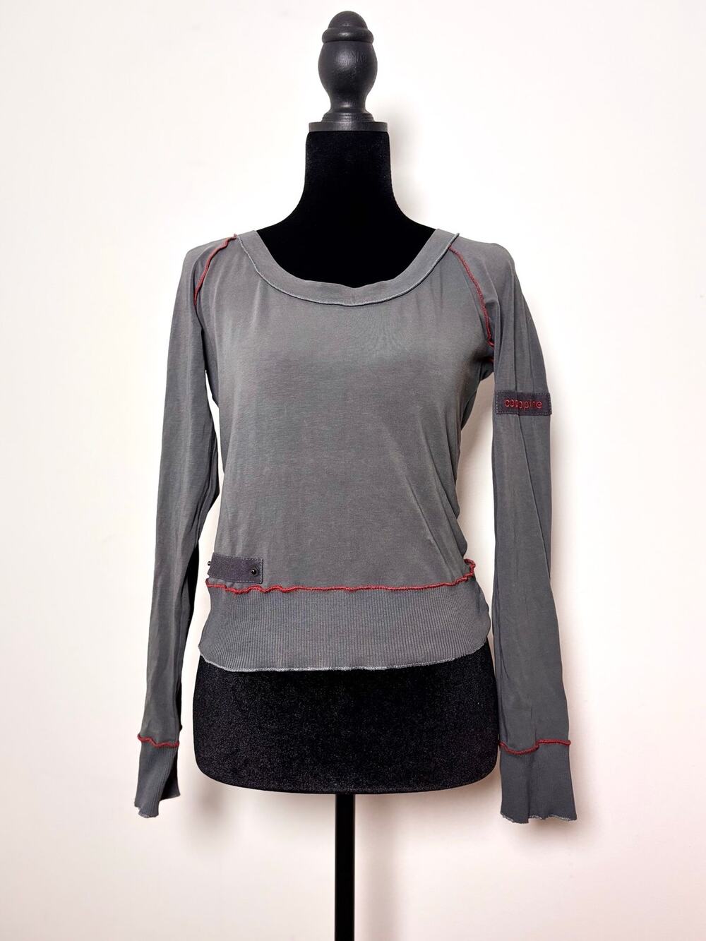Vtg Y2K Cop Copine Slate Grey Red Contrast Stitch Logo Tag Long Sleeve Top